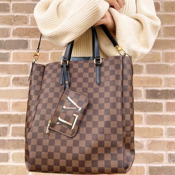 Louis Vuitton Damier Ebene Belmont NV MM Tote Bag N60294 LV + Pouch Brown Black - Picture 2 of 12